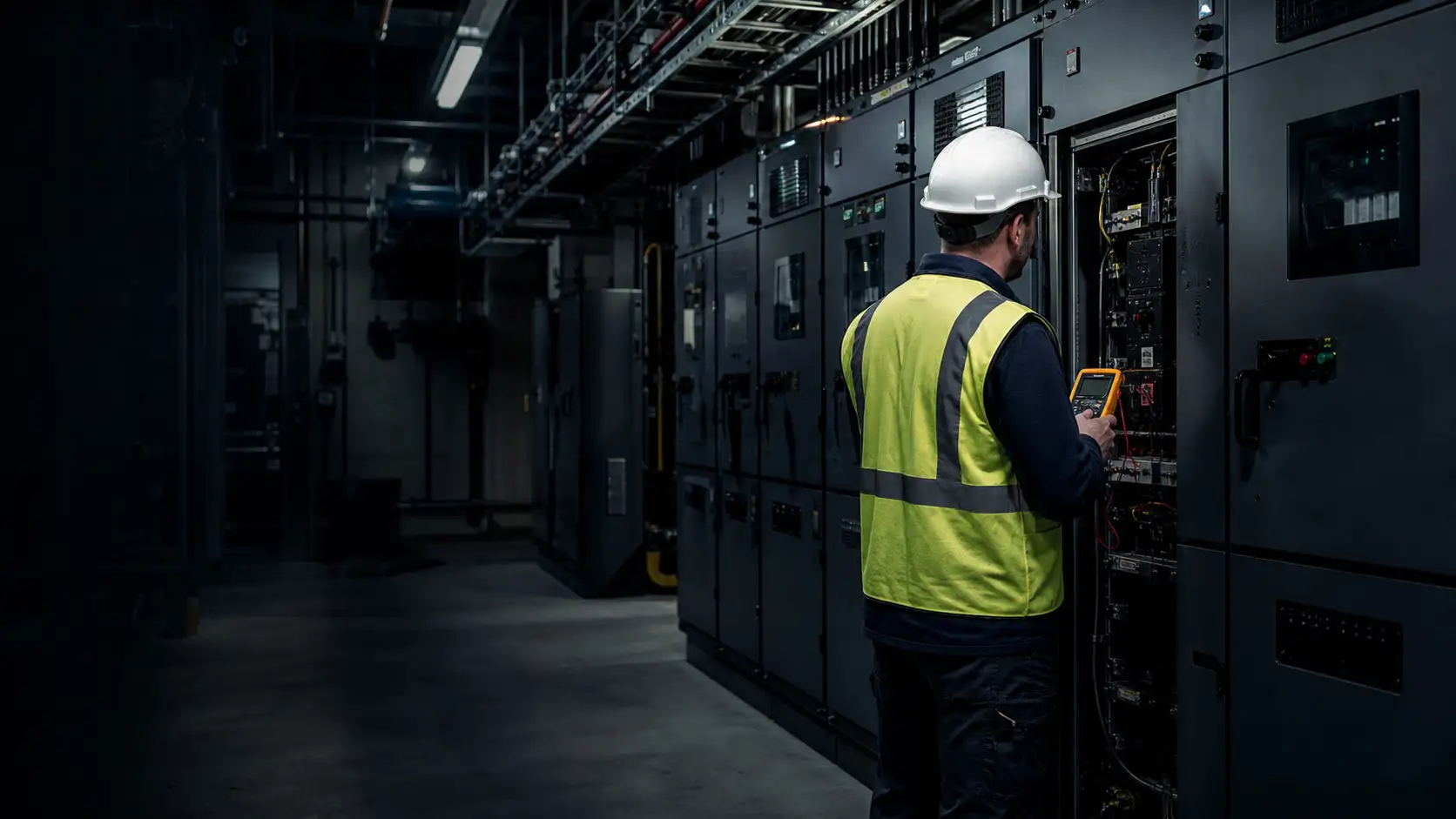 Commissioning technician testing industrial electrical switchgear with a handheld instrument