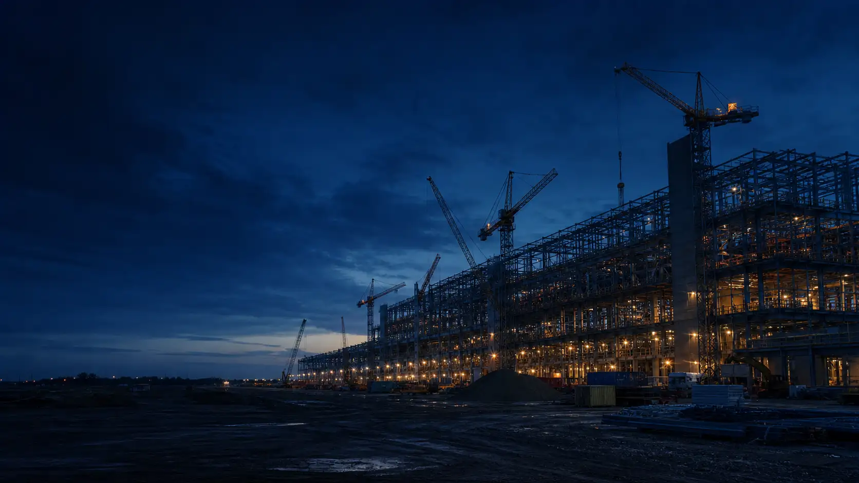 Advanced manufacturing facility under construction at dusk with tower cranes and structural steel