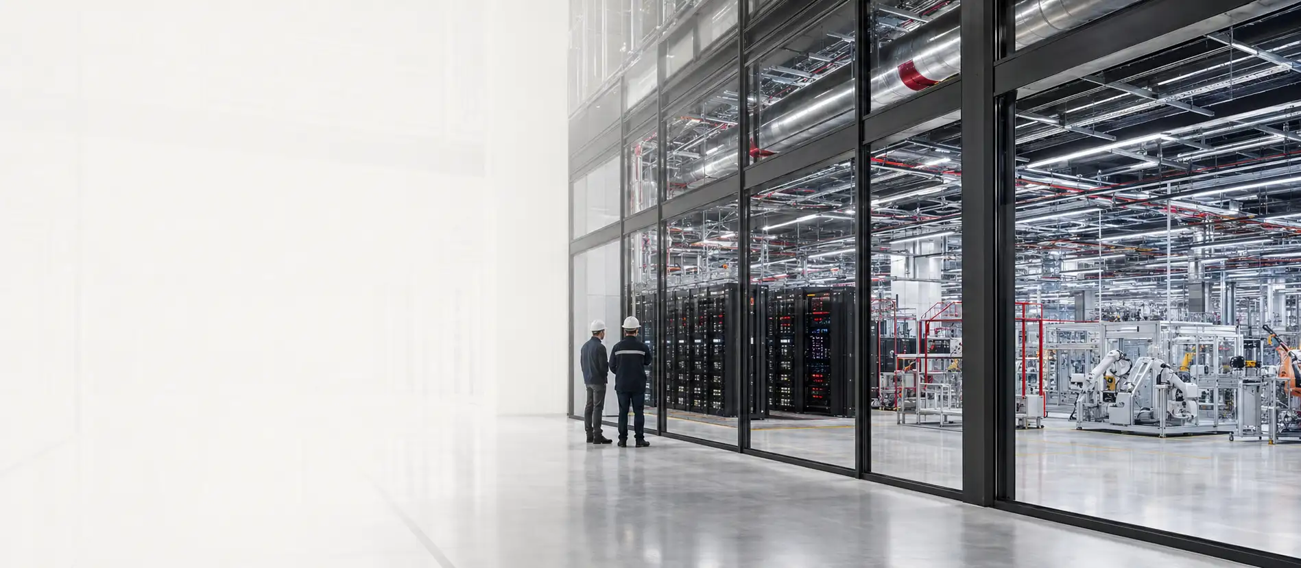Two engineers reviewing server racks and manufacturing equipment inside an advanced facility
