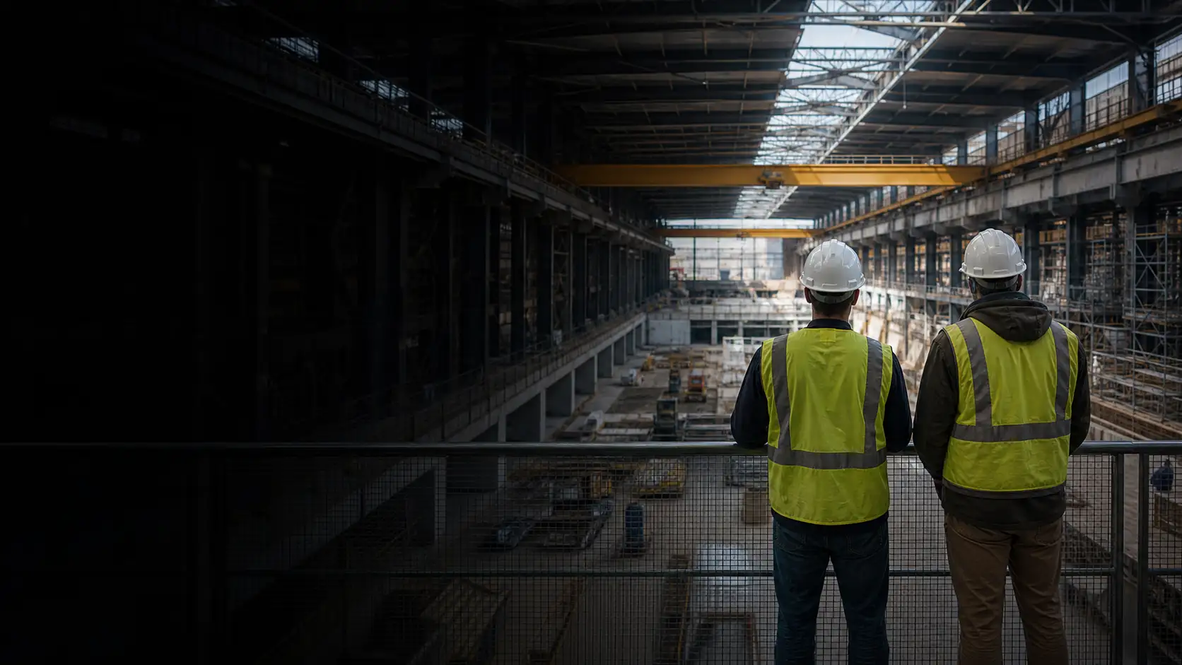 Two construction professionals on an elevated walkway overlooking an unfinished advanced manufacturing facility
