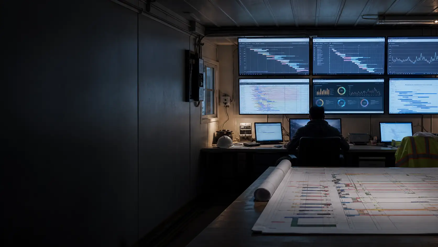 Project controls room with wall monitors showing construction schedules and milestone dashboards