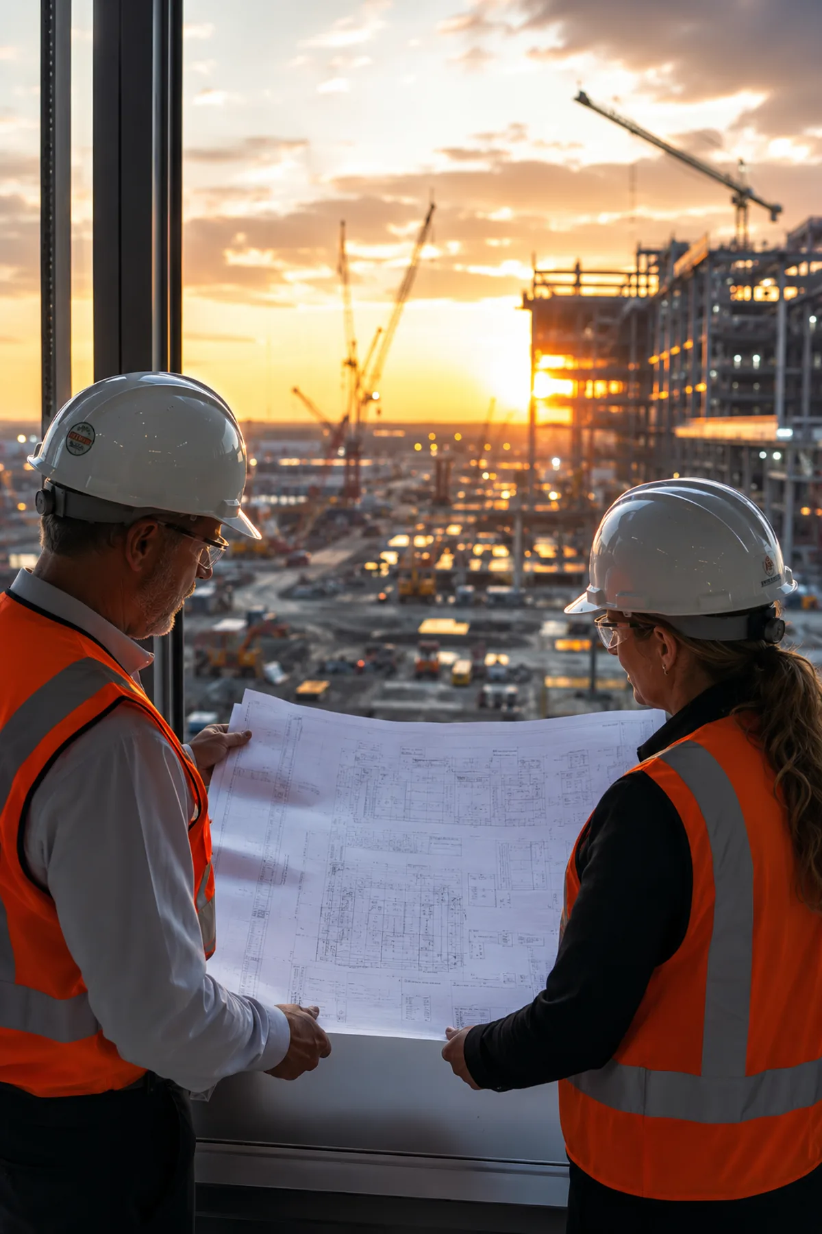 FusionIRX professionals reviewing plans at golden-hour construction site